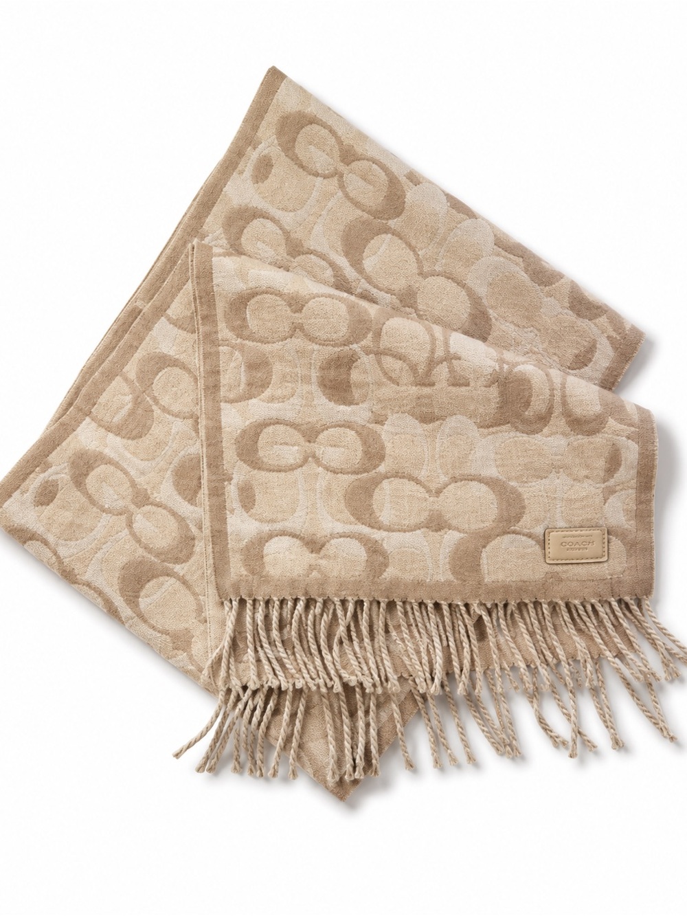 Vintage Coach Signature Logo Scarf with Fringe Throw in Beige